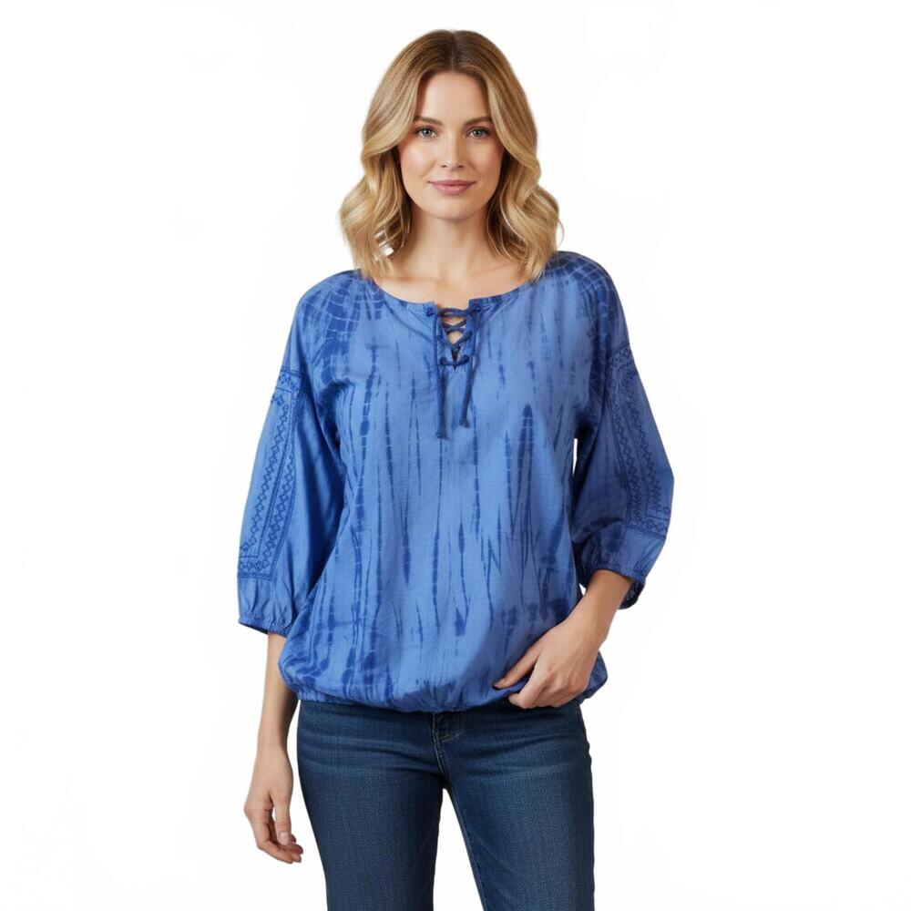 RuffHewn PL Blue Tie-Dye Lace-Up Peasant Top Embroidered Sleeves